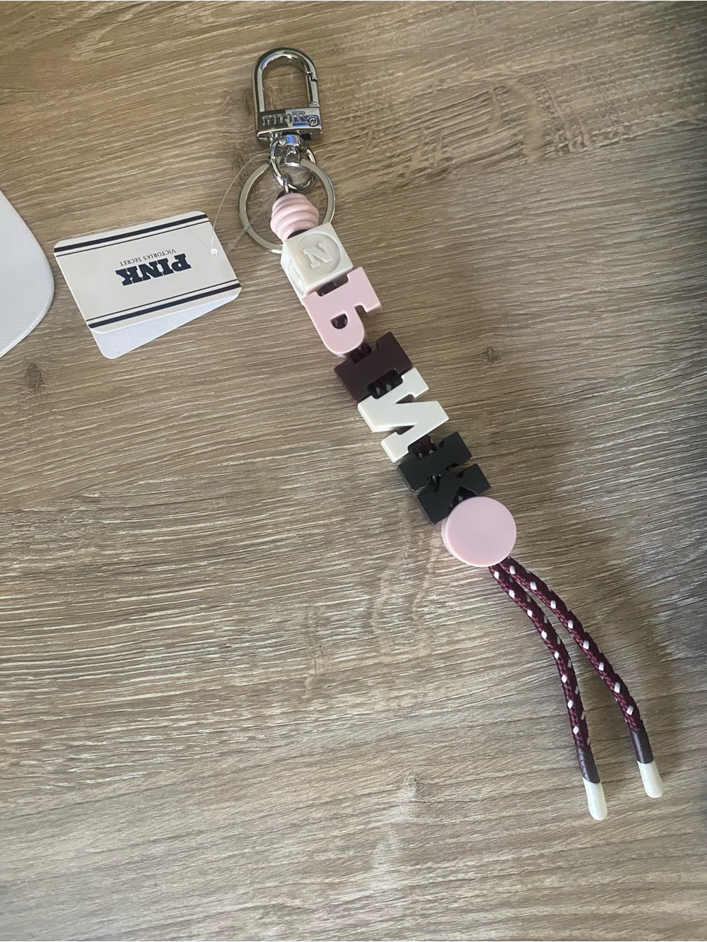 PINK Victoria's Secret Pink, White & Navy Beaded Letter Keychain